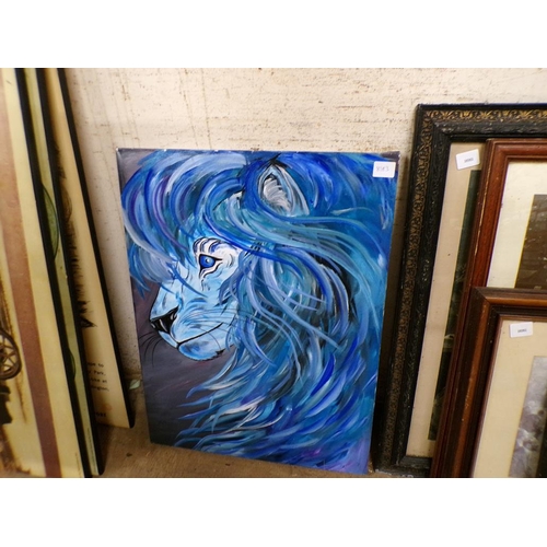 149 - TWO UNFRAMED OIL ON CANVAS - LION AND A TREE