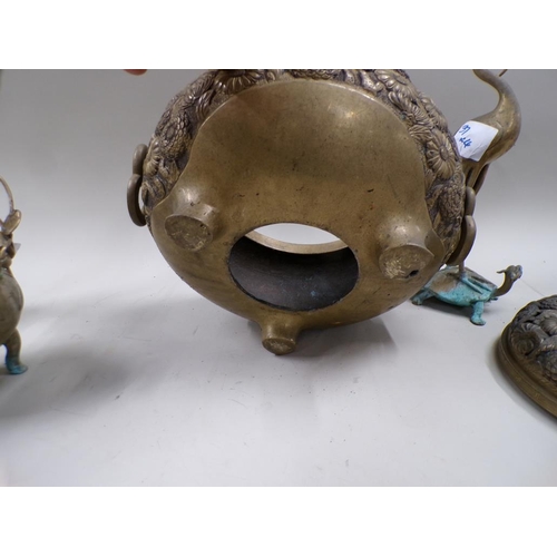 1366 - ORIENTAL PIERCED BRASS JAR AND COVER; FIGURE GROUP, 33CM H; CENSER