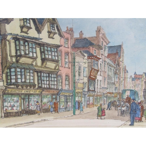 1200 - F.M HAYMAIG 1938 - ENGLISH CITY STREET SCENE, COLOURED PRINT, F/G, 24CM X 30CM