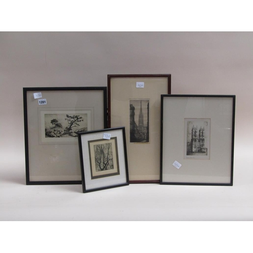 1201 - COLLECTION OF FOUR EARLY 20C B&W ETCHINGS TO INCL ONE BY JOSEPH KIRKPATRICK