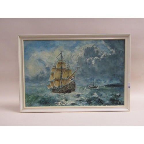 1202 - UNSIGNED EARLY 20C - GALLEON IN ROUGH WATERS, OIL ON CANVAS, FRAMED, 60CM X 90CM