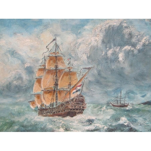 1202 - UNSIGNED EARLY 20C - GALLEON IN ROUGH WATERS, OIL ON CANVAS, FRAMED, 60CM X 90CM