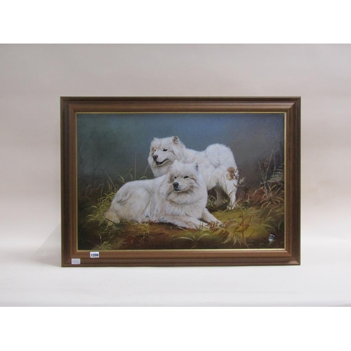 1206 - DAVID FEATHER - TWO DOGS, OIL ON CANVAS, FRAMED, 49CM X 75CM