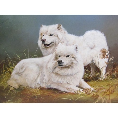 1206 - DAVID FEATHER - TWO DOGS, OIL ON CANVAS, FRAMED, 49CM X 75CM