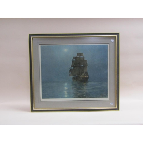 1207 - MONTEGUE DAWSON - A GALLEON ANCHORED IN THE MOONLIGHT, COLOURED PRINT, F/G, SIGNED, 64CM X 79CM