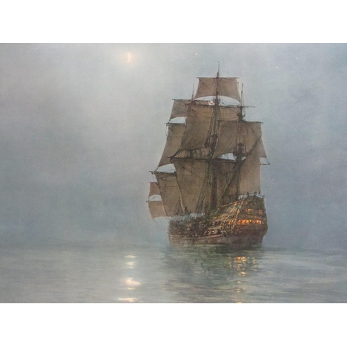 1207 - MONTEGUE DAWSON - A GALLEON ANCHORED IN THE MOONLIGHT, COLOURED PRINT, F/G, SIGNED, 64CM X 79CM