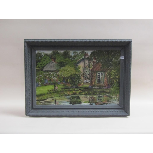 1210 - SIGNED INDISTINCTLY SENGA W- 1972 - SUMMERTIME COTTAGES CLOSE TO WATER, SIGNED, OIL ON BOARD, FRAMED... 