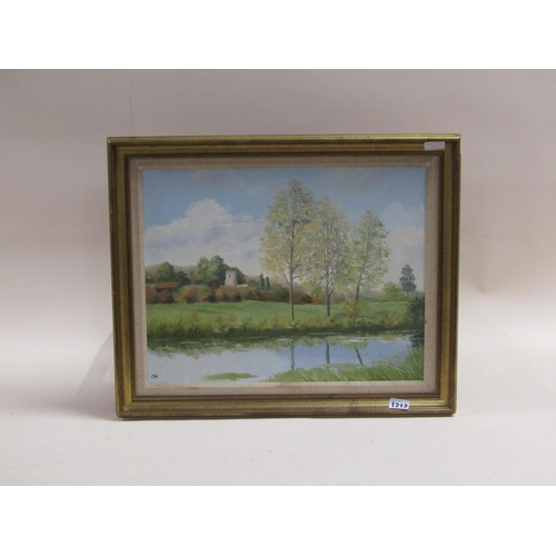 1212 - OLIVE WALKER - RIVERSIDE MEADOWS WITH CHURCH AND BUILDINGS, SIGNED IN MONO 'OW', OIL ON CANVAS, FRAM... 