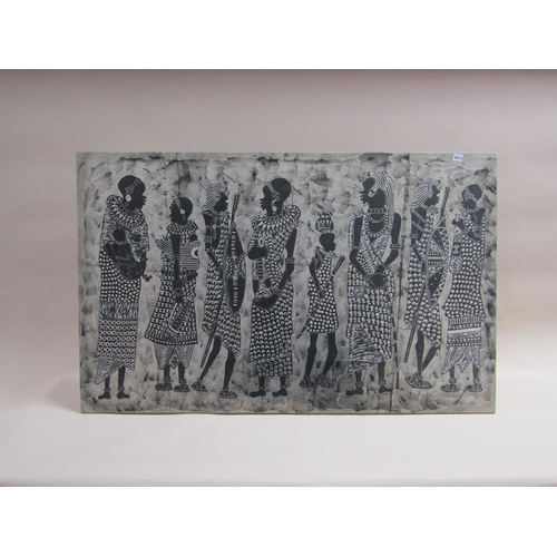 1213 - AFRICAN PRINT ON MATERIAL - GROUP OF TRIBES MEN WITH LADIES AND CHILDREN, UNFRAMED, 138CM X 87CM