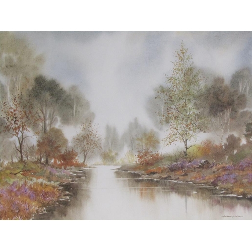 1215 - ANTHONY WALLER - PAIR, RIVERSCAPE & SUMMER LAKE SCENE, SIGNED WATERCOLOURS, F/G, 24CM X 34CM