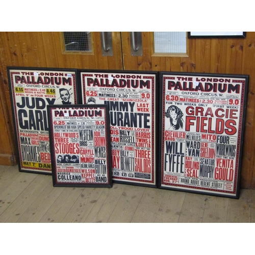 1218 - FOUR LONDON PALLADIUM POSTER PRINTS FEATURING SHOWS WITH JUDY GARLAND ETC - LARGEST 75CM X 48CM