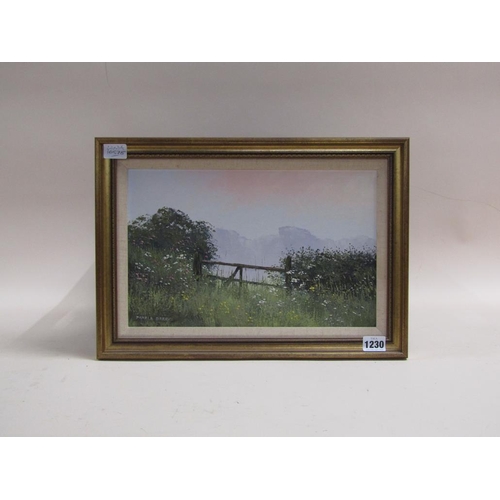 1230 - PAMELA DERRY - HEDGEROW GATEWAY, SIGNED OIL ON BOARD, FRAMED, 22CM X 34CM