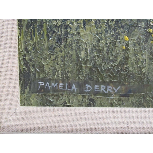 1230 - PAMELA DERRY - HEDGEROW GATEWAY, SIGNED OIL ON BOARD, FRAMED, 22CM X 34CM