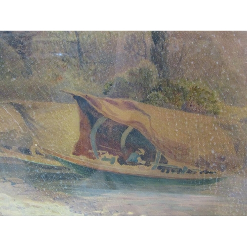 1243 - ALBERT STEVENS - EUROPEAN LAKE WITH VILLAGE AND MOORED BOAT, SIGNED WATERCOLOUR, F/G, 45CM X 70CM