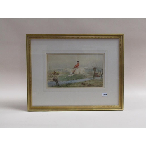 1249 - EDWARDIAN HUNTING SCENE - UNSIGNED, WATERCOLOUR, F/G, 22CM X 37CM