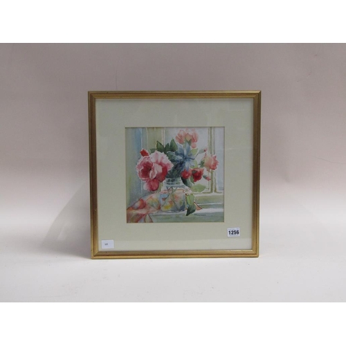 1256 - MARGARET HOWMAN - ROSES IN THE WINDOW, SIGNED WATERCOLOUR, F/G, 24CM X 24CM