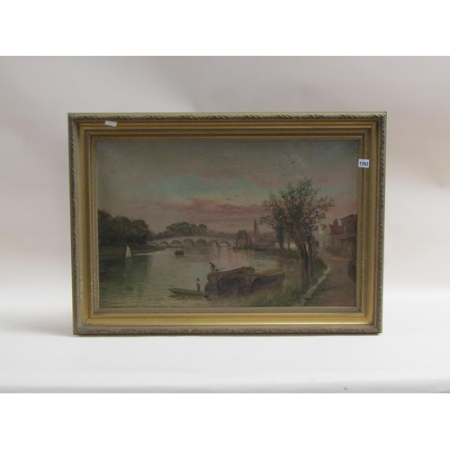 1262 - UNSIGNED LATE 19C/EARLY 20C - RIVERSCAPE WITH ARCHED BRIDGE, OIL ON CANVAS, FRAMED, 78CM X 73CM