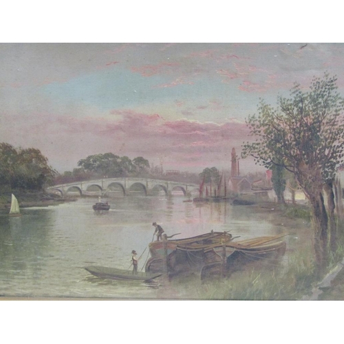 1262 - UNSIGNED LATE 19C/EARLY 20C - RIVERSCAPE WITH ARCHED BRIDGE, OIL ON CANVAS, FRAMED, 78CM X 73CM