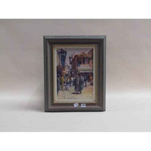 1267 - DENNIS SYRETT 1981 - ARAB GENTLEMAN IN EUROPEAN STREET SCENE, SIGNED AND DATED, OIL ON CANVAS, FRAME... 