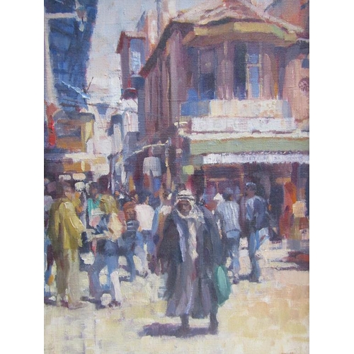 1267 - DENNIS SYRETT 1981 - ARAB GENTLEMAN IN EUROPEAN STREET SCENE, SIGNED AND DATED, OIL ON CANVAS, FRAME... 