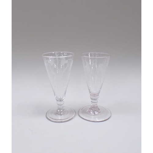 1848 - PAIR OF LATE GEORGIAN WINE GLASSES ENGRAVED WITH WHEAT, 15CM H