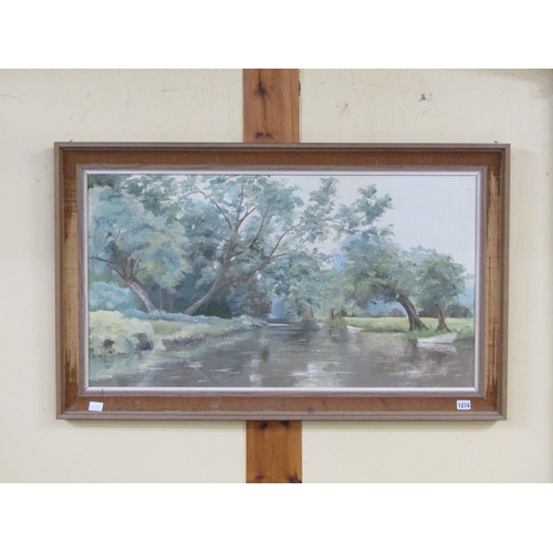 1274 - OLIVE WALKER - RIVERSCAPE, SIGNED IN MONO, OIL ON CANVAS, FRAMED, 50CM X 90CM