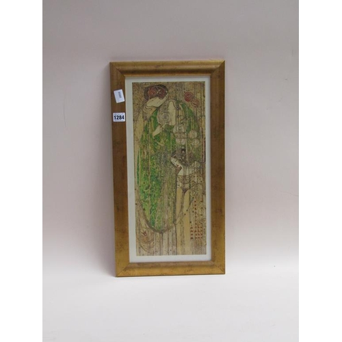 1284 - FRAMED COLOURED PRINT - IN THE MANNER OF GUSTAV KLIMPT, F/G, 46CM X 19CM