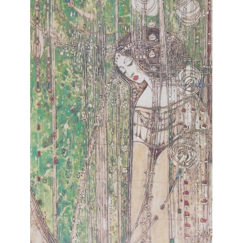 1284 - FRAMED COLOURED PRINT - IN THE MANNER OF GUSTAV KLIMPT, F/G, 46CM X 19CM