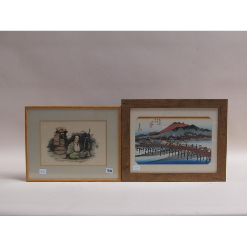 1288 - FRAMED COLOURED PRINT - JAPANESE SAMURAI; COLOURED PRINT OF TRAVELLERS ON A BRIDGE
