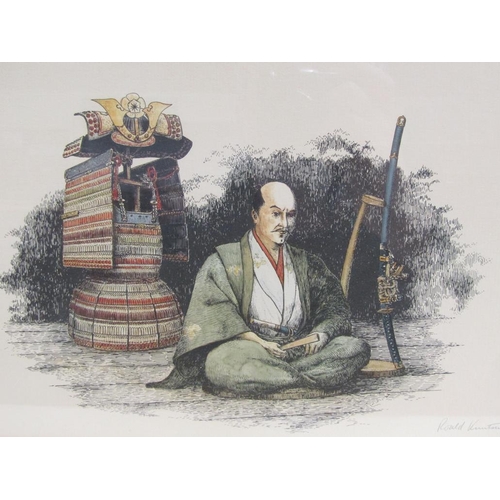 1288 - FRAMED COLOURED PRINT - JAPANESE SAMURAI; COLOURED PRINT OF TRAVELLERS ON A BRIDGE