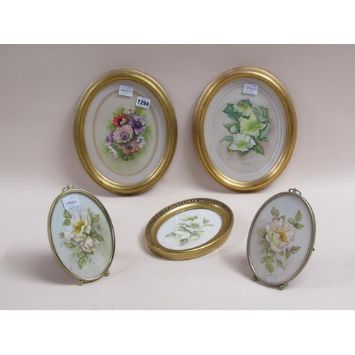 1294 - H BIBBY - PAIR OF OVAL FRAMED FLORAL PAINTINGS, EACH 20CM X 15CM ; THREE SMALLER FLORAL PAINTINGS