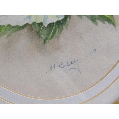 1294 - H BIBBY - PAIR OF OVAL FRAMED FLORAL PAINTINGS, EACH 20CM X 15CM ; THREE SMALLER FLORAL PAINTINGS