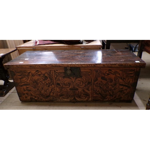 2046 - OAK COFFER WITH TRIPLE CARVED PANELS 120 x 44 cms