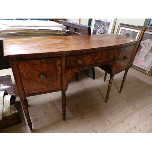 2047 - EARLY 19c FIGURED MAHOGANY CROSS BANDED LINE INLAID BOW FRONT SIDEBOARD WITH FITTED ONE CENTRAL DRAW... 