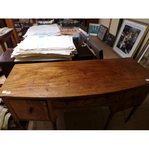 2047 - EARLY 19c FIGURED MAHOGANY CROSS BANDED LINE INLAID BOW FRONT SIDEBOARD WITH FITTED ONE CENTRAL DRAW... 