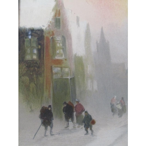 1250 - V.A HILL? - PAIR, COLOURED PRINTS, WINTER TIME STREET SCENES, EACH F/G, 21CM X 14CM