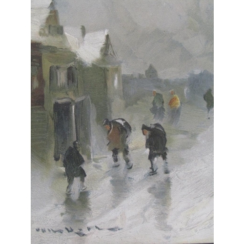 1250 - V.A HILL? - PAIR, COLOURED PRINTS, WINTER TIME STREET SCENES, EACH F/G, 21CM X 14CM