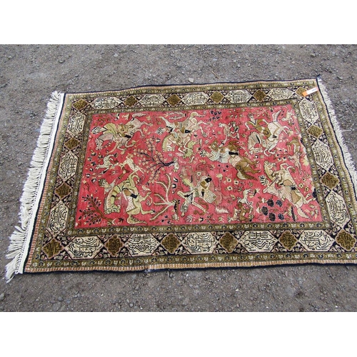 2049 - ORIENTAL RUG WITH ANIMAL AND RIDER PATTERNS PERFORMING HUNTING SCENES  155cm x 107cm