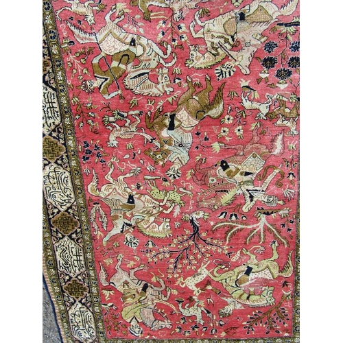 2049 - ORIENTAL RUG WITH ANIMAL AND RIDER PATTERNS PERFORMING HUNTING SCENES  155cm x 107cm