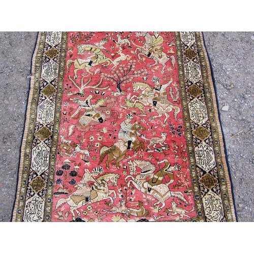 2049 - ORIENTAL RUG WITH ANIMAL AND RIDER PATTERNS PERFORMING HUNTING SCENES  155cm x 107cm