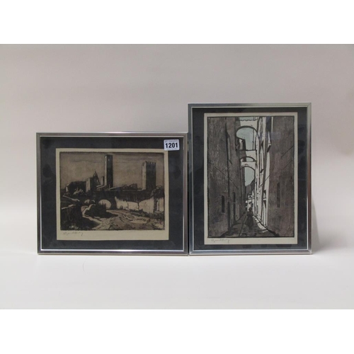 1201 - TWO BLACK ON WHITE ETCHINGS, SIGNED IN PENCIL ?, BOTH F/G, 18CM X 22CM