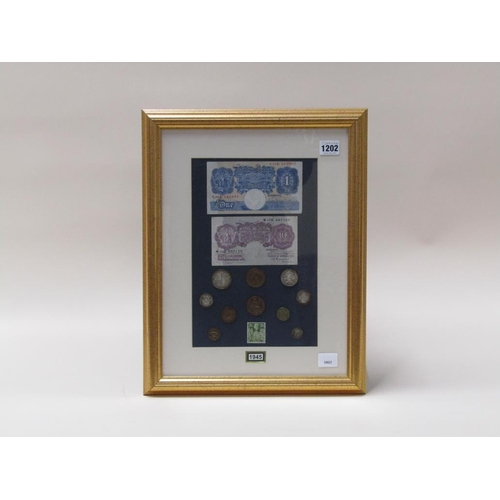 1202 - FRAMED COLLECTION OF BANK NOTES, STAMP AND COINAGE FOR 1945, F/G