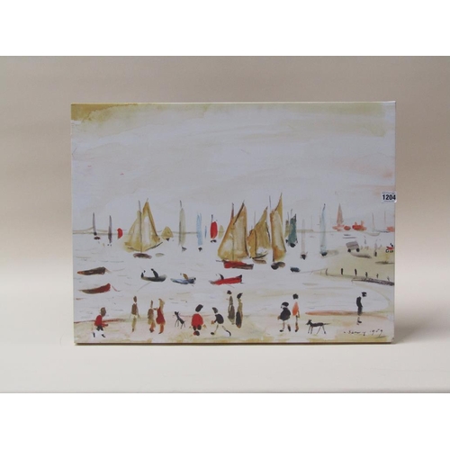 1204 - IN THE STYLE L S LOWRY - YACHTS, PRINT ON CANVAS, 50CM X 64CM