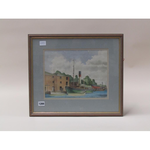 1205 - J.A CROMBE - MOORED STEAM SHIP, SIGNED WATERCOLOUR, F/G, 24CM X 31CM