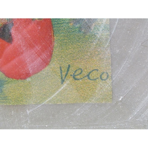 1207 - VECO - CONTEMPORARY WATERCOLOUR, THE LAKE WITH TREE, FLOWERS AND A VILLAGE, SIGNED, F/G, 55CM X 49CM