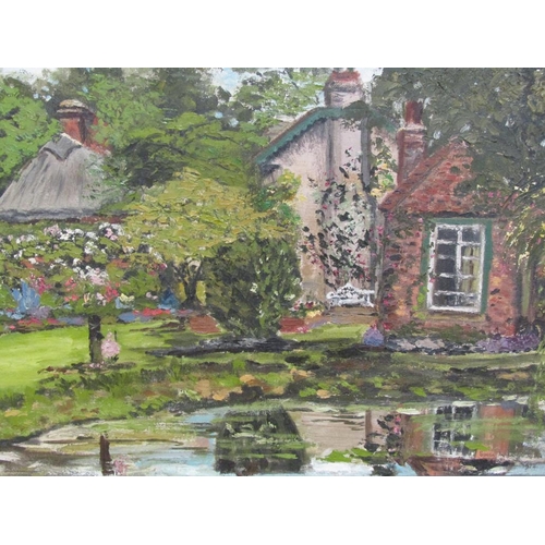 1210 - UNSIGNED - TWO COTTAGES IN GARDEN SETTING, OIL ON BOARD, FRAMED, 50CM X 75CM