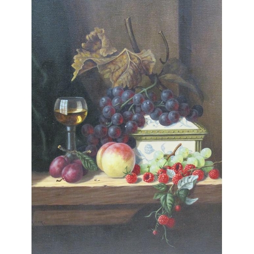 1212 - FERMOR - STILL LIFE, FRUIT AND WINE, SIGNED OIL ON CANVAS, FRAMED, 60CM X 50CM