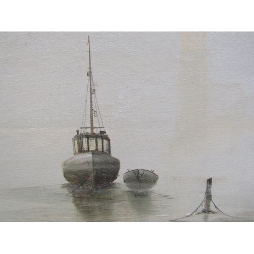 1213 - JOHN POPE - TWO MOORED FISHING BOATS, SIGNED OIL ON CANVAS, FRAMED, 37CM X 68CM