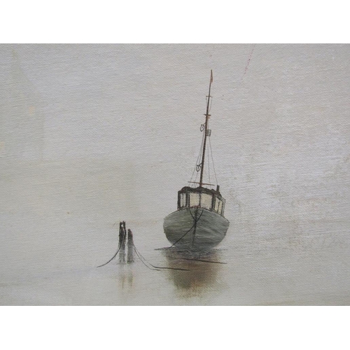 1213 - JOHN POPE - TWO MOORED FISHING BOATS, SIGNED OIL ON CANVAS, FRAMED, 37CM X 68CM