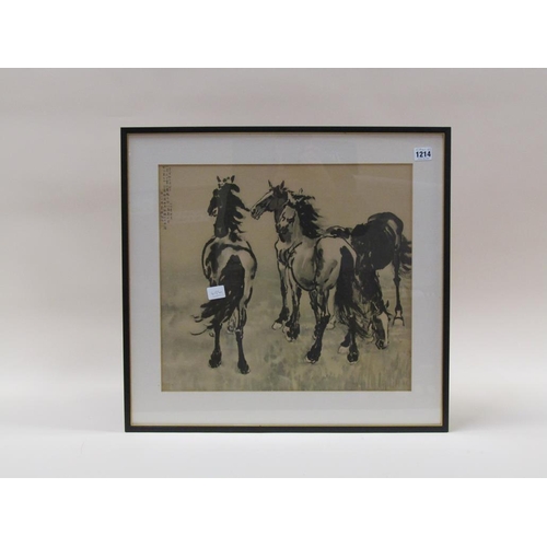 1214 - ORIENTAL BLACK ON WHITE PRINT- - WILD HORSES WITH SCRIPT, F/G, 40CM X 45CM